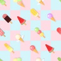 VBlue and pink square backgrounds, many cute vector ice cream seamless patterns of different flavors, used for wrapping paper, Adv Royalty Free Stock Photo